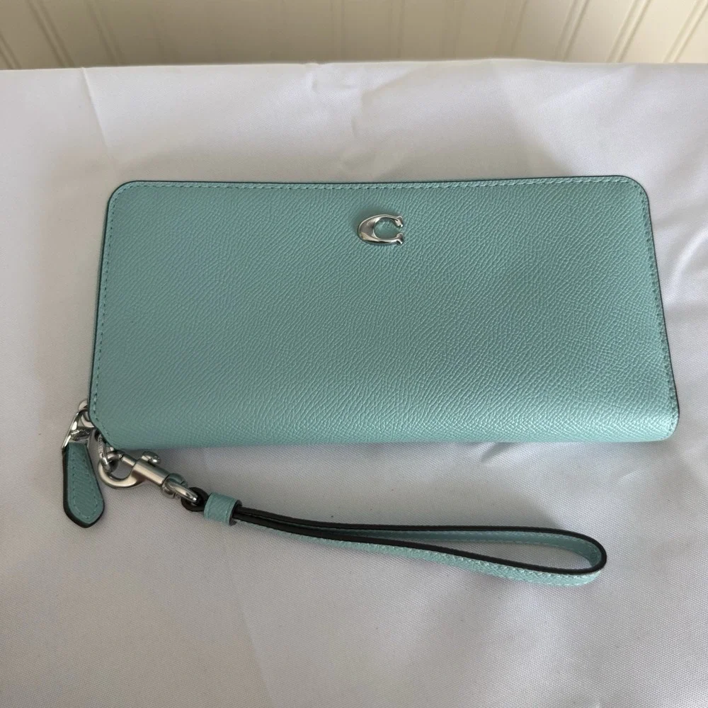 COACH Continental Long Zip Around Wallet Crossgrain Leather Faded Blue Teal NWT